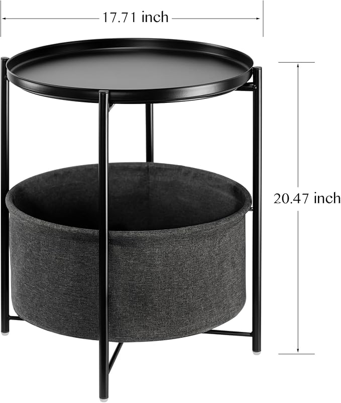 danpinera Round Side Table with Fabric Storage Basket, Metal Small Bedside Nightstand Removable Tray Top for Living Room, Bedroom, Nursery, Laundry, Ink Black