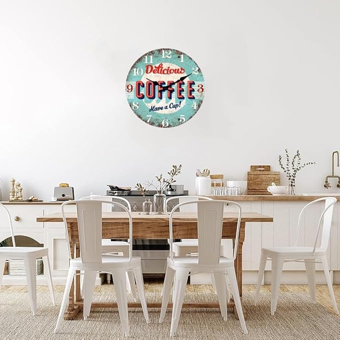 XFM Coffee Bar Wall Clock 24 Inch Blue Wooden Wall Clocks Battery Operated Silent Non-Ticking Retro Round Clocks for Kitchen Cafes Farmhouse