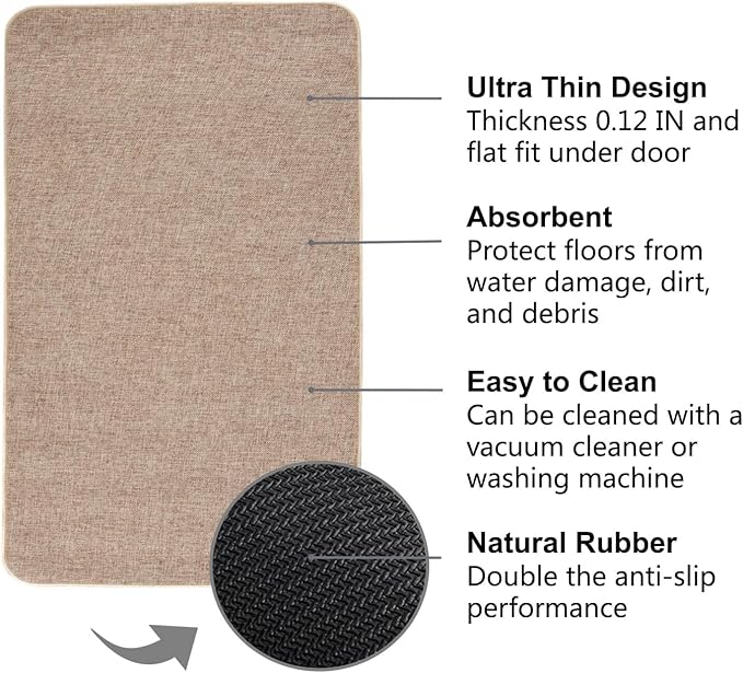 Indoor Door Mat Entrance, 1/10 in Ultra Thin Door Mat for Inside Entry, Super Non-Slip, Washable Doormat, Fade Resistant, Low Profile Dirt Trapper Outdoor for Bathroom and Kitchen, 47''X23'' Khaki