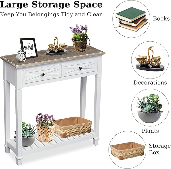 Kinfant Modern Console End Table with 2 Drawer and Storage Shelf for Entryway Living Room Hallway, White