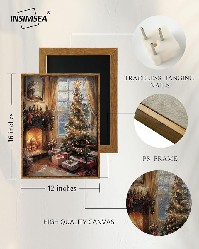InSimSea Framed Canvas Wall Art, Vintage Christmas Tree Decor, Living Room Pine Tree Decorations, Winter Cottagecore Decor for Bedroom Bathroom, Xmas Holiday Decorations Gifts, 12x16 Inch