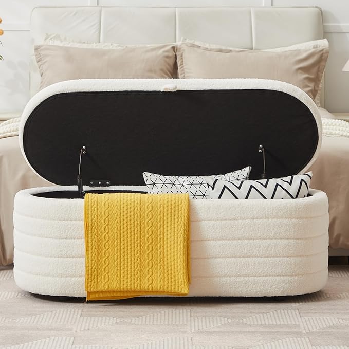 Storage Ottoman Bench End of Bed for Bedroom,45 inch Boucle Upholstered Entryway Shoe Seat Bench w/ Storage,Sherpa Modern Cute Padded Blanket Chest Stool Foot Rest for Living Room,Off-White