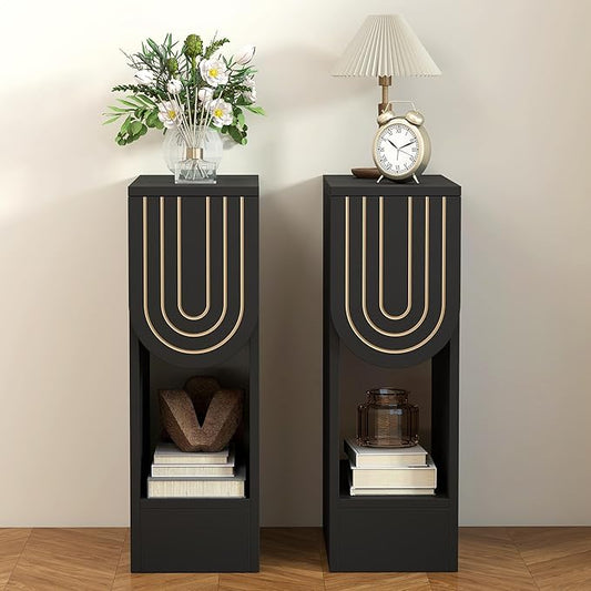 Narrow Nightstands Set of 2, Black Bedside Table with Carved Drawer and Storage Shelf, Mid-Century Modern Slim Side End Table for Bedroom Compact Space, Wooden Small Night Stand (2, Black)