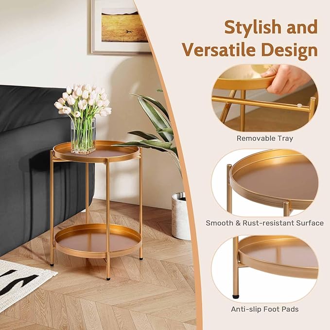 HollyHOME 2-Tier Round Gold Side Table, Outdoor Small Folding Accent Stand with Removable Tray, Anti-Rust Metal Asional Table for Balcony Patio Living Room, Nightstand for Bedroom(Gold)