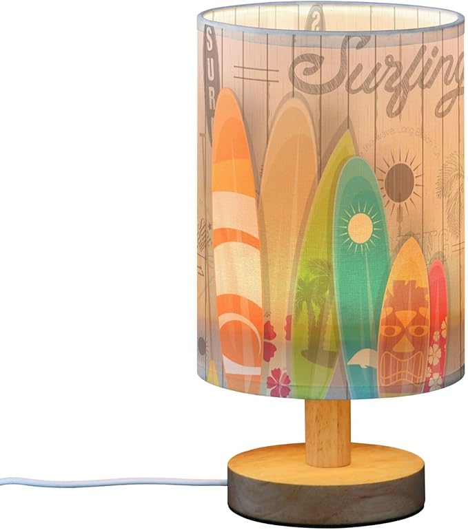 Table Lamp Colorful Surfboard Palm Tree Vintage White Wooden Summer Surfing Nightstand Lamp with Wood Base Fabric Lamp Shade Bedside Desk Lamp for Living Room Bedroom Kids Room Office