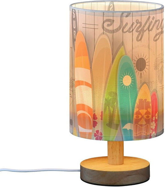 Table Lamp Colorful Surfboard Palm Tree Vintage White Wooden Summer Surfing Nightstand Lamp with Wood Base Fabric Lamp Shade Bedside Desk Lamp for Living Room Bedroom Kids Room Office