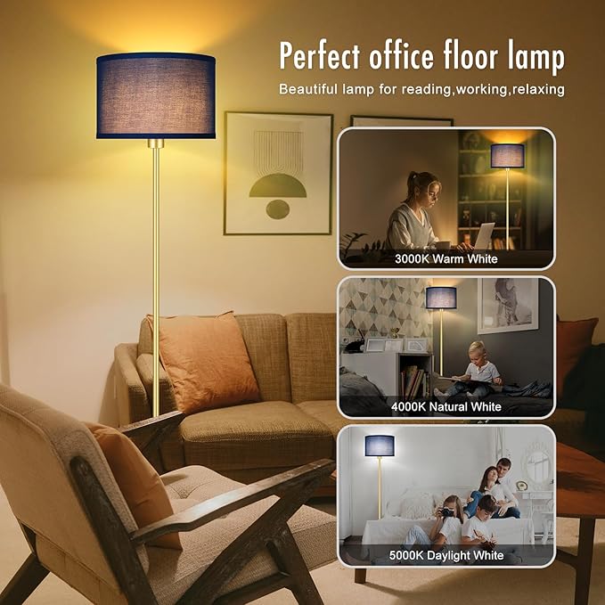 Floor Lamp Blue, Standing Lamp, 58" Tall Floor Lamp with Lampshade, Foot Pedal Switch, Modern Simple Floor Lamps for Living Room/Bedroom/Den/Classroom, Gold Lamp for Boys' Gift(Without Bulb)