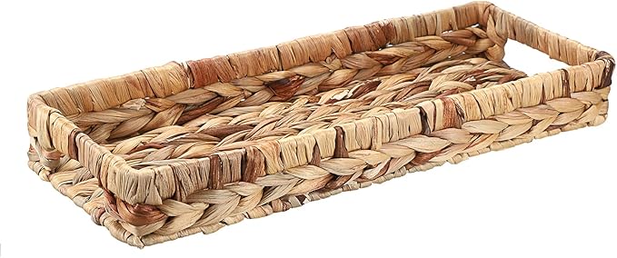 Hipiwe Wicker Toilet Tank Basket 16.9 Inch Bathroom Vanity Tray for Long Back of Toilet, Rectangle Woven Hyacinth Decorative Countertop for Paper Hand Towel