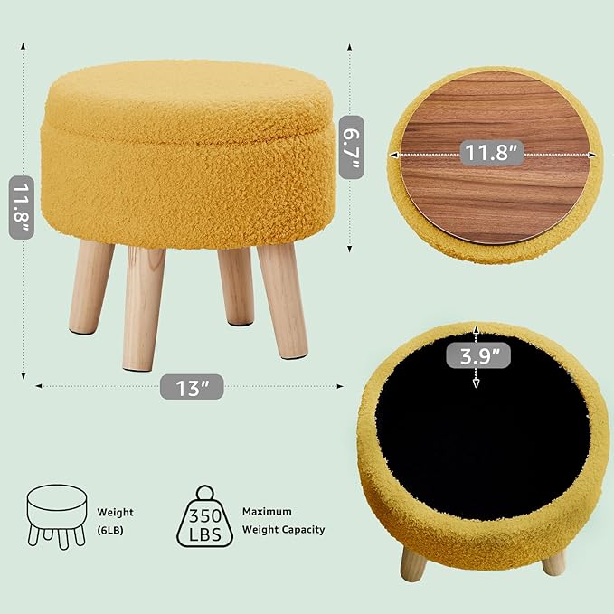 Mxfurhawa Versatile Storage Ottoman, Round Footstool with Soft Padded Seat, Small End Table with 4 Wood Legs, Teddy Velvet Foot Rest for Couch,Shoe Changing Stool for Living Room (Yellow)