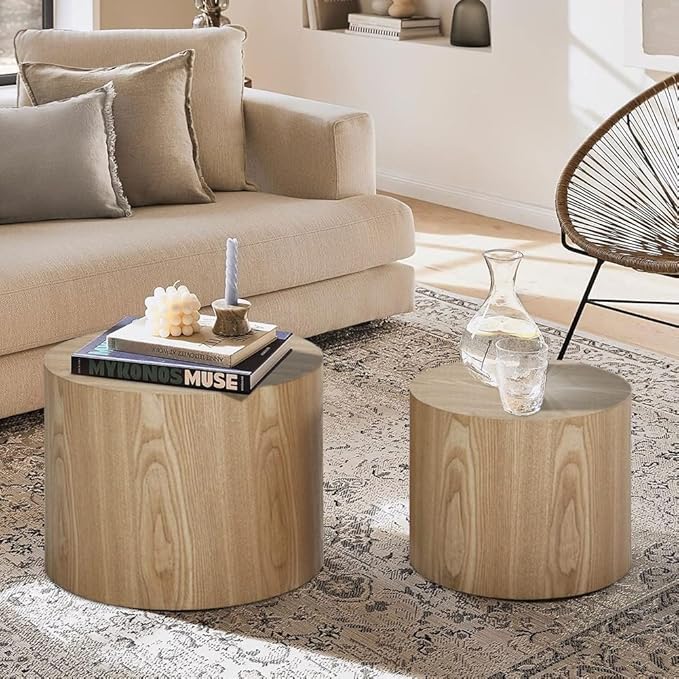 KEVINSPACE Coffee Table Nesting Tables Set of 2, Small Modern Round Coffee Table with Non-Slip Feet, Wooden Circle Accent Tables for Small Spaces Living Room Bedroom Balcony Drum Side Table Oak
