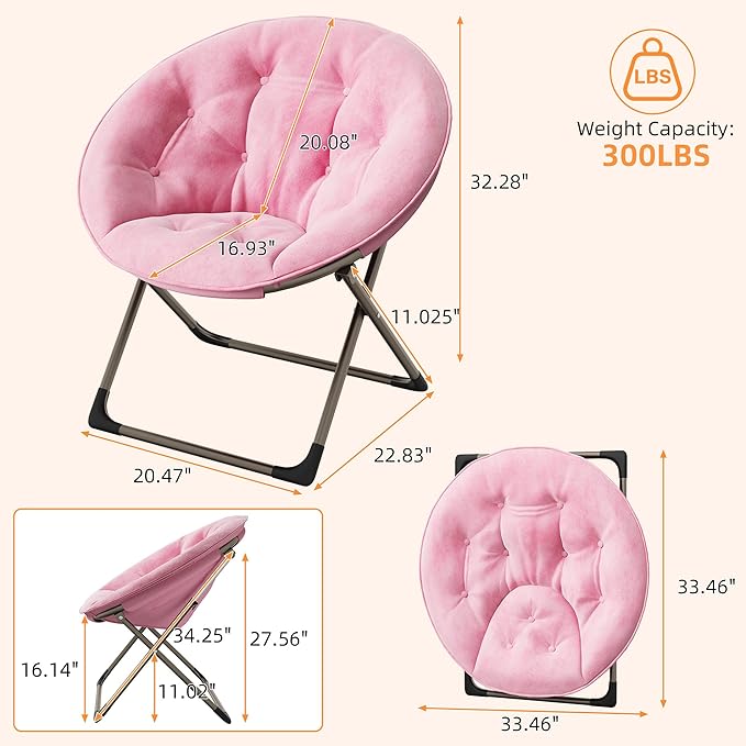 IDEALHOUSE Comfy Folding Padded Saucer Chair, Folding Circle Chair with Metal Frame, Soft Moon Chair for Bedroom, Dorm Rooms, Apartments, Lounging, Garden and Courtyard, Pink