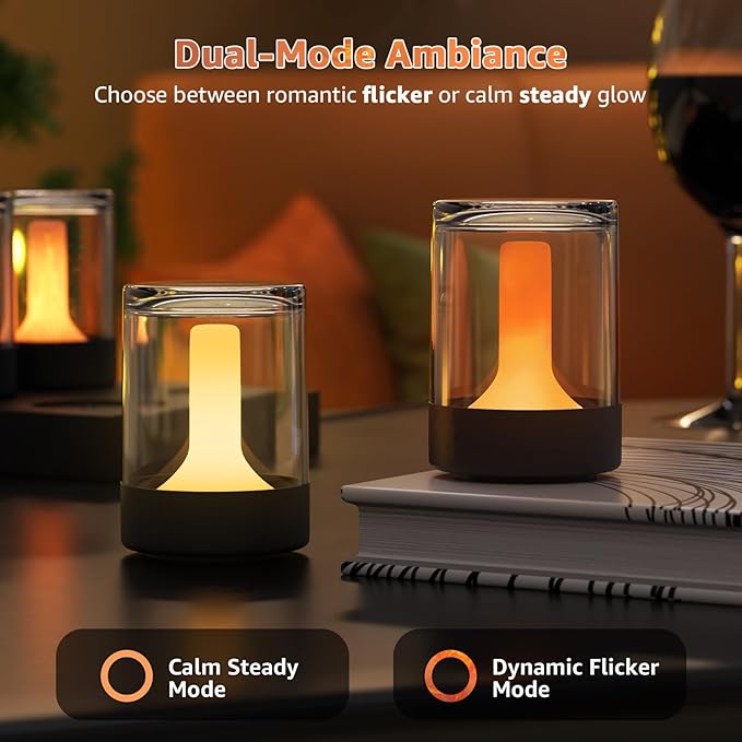uuffoo Mini Rechargeable Night Lights 4-Pack, Transparent Table Lamps for Bedroom, Living Room, Office & Camping, Portable Ambiance Lighting with Charging Base, Flickering & Steady Candle Modes