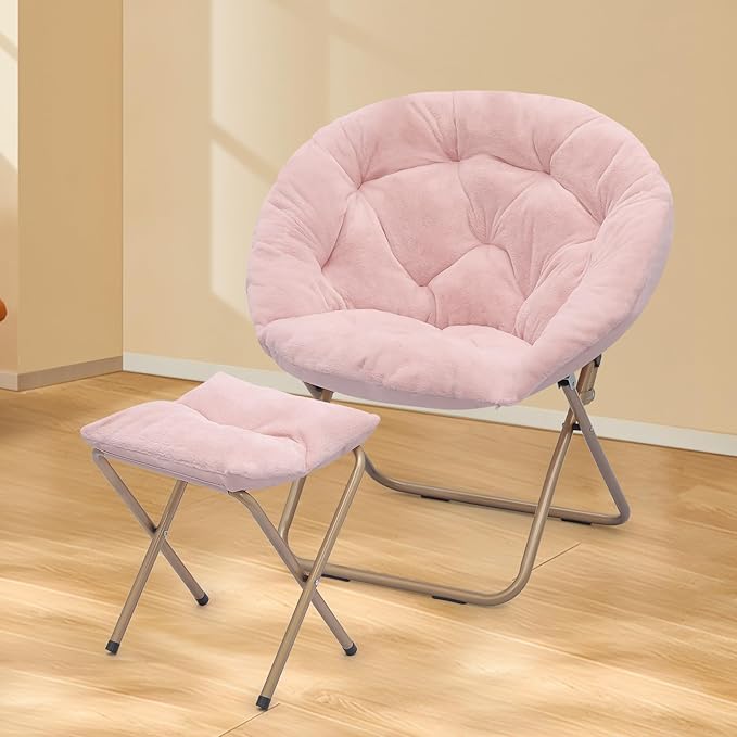 Athena Collection Saucer Chair with Ottoman Comfy Chair for Bed Room Living Room Folding Round Cozy Chair Faux Fur Metal Frame Foldable Lazy Chair Accent Chair Reading Chair Set of 2, Pink