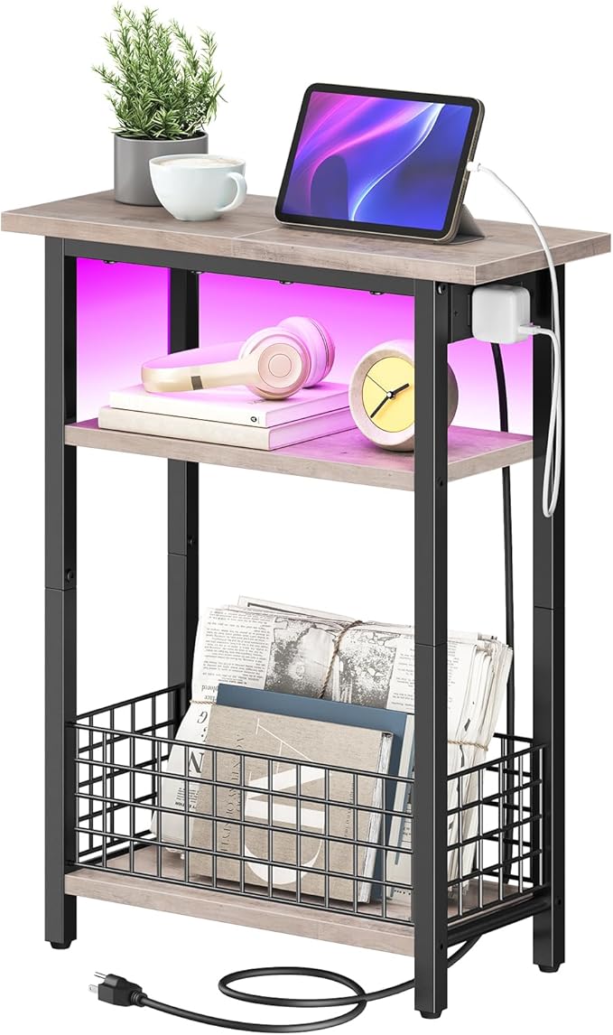 HOOBRO Narrow Side Table with Charging Station and LED Light, Small End Table with Storage, Skinny Nightstand with USB Port, Slim Bedside Table for Small Spaces, Living Room, Greige BG242UDBZ01
