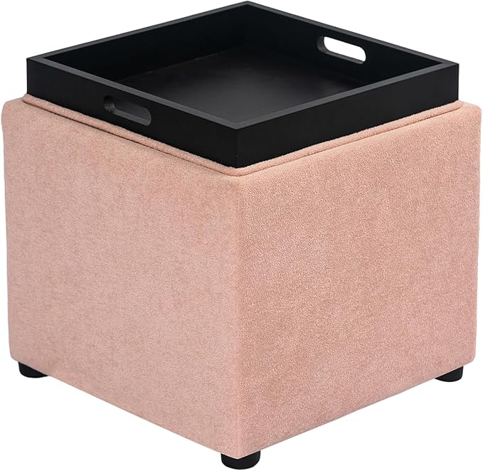 Adeco 17" Pink Storage Ottoman Cube with Tray Lid, Small Footstool with Storage, Square End Table for Living Room & Bedroom (Pink with Tray)