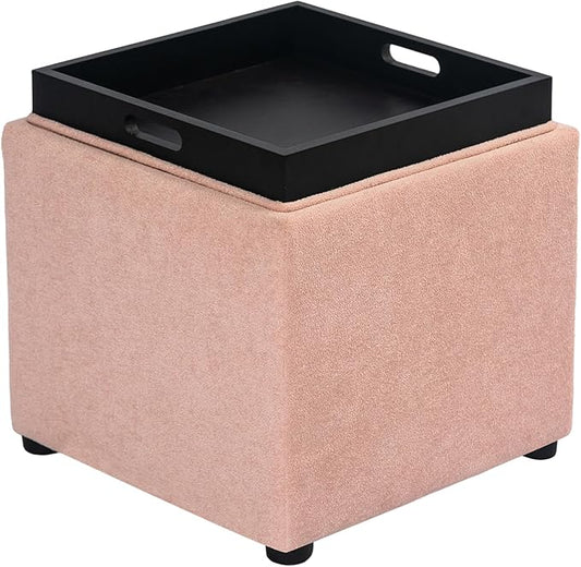 Adeco 17" Pink Storage Ottoman Cube with Tray Lid, Small Footstool with Storage, Square End Table for Living Room & Bedroom (Pink with Tray)