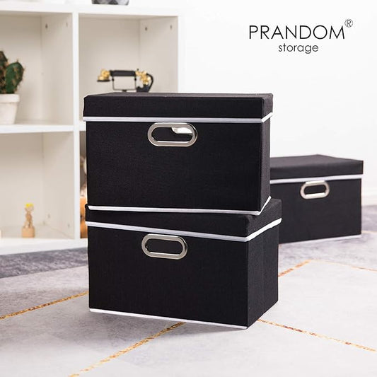 PRANDOM Foldable Storage Box with Lid [3-Pack] Fabric Collapsible Storage Bin Organizer Container Basket Cube with Cover for Home Bedroom Closet Office Nursery Black (14.9x9.8x9.8)