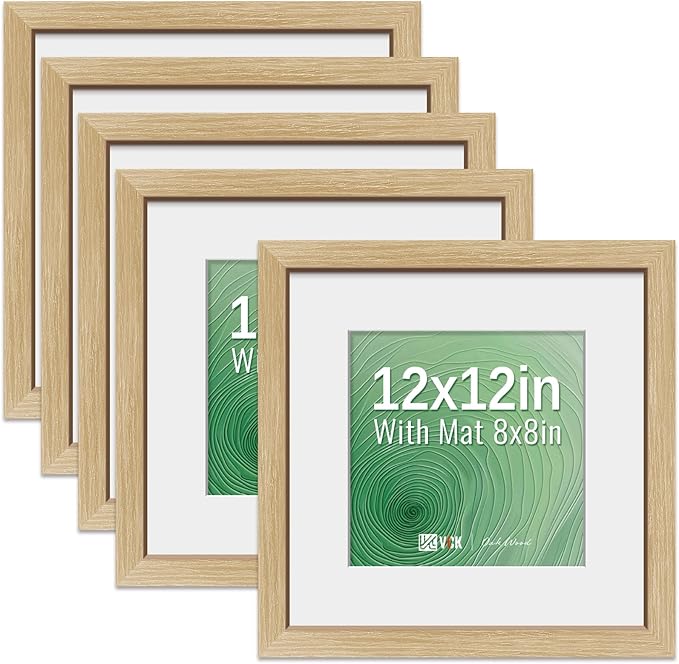 VCK 12x12 Picture Frame 5 Pack - Natural Oak, High-End Wood Poster Frames with Tempered Glass, Display 8x8 Photo with Mat or 12x12 without Mat, Art Gallery-Quality, Wall Hanging, Natural Oak