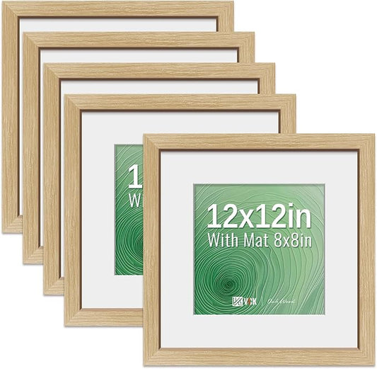 VCK 12x12 Picture Frame 5 Pack - Natural Oak, High-End Wood Poster Frames with Tempered Glass, Display 8x8 Photo with Mat or 12x12 without Mat, Art Gallery-Quality, Wall Hanging, Natural Oak