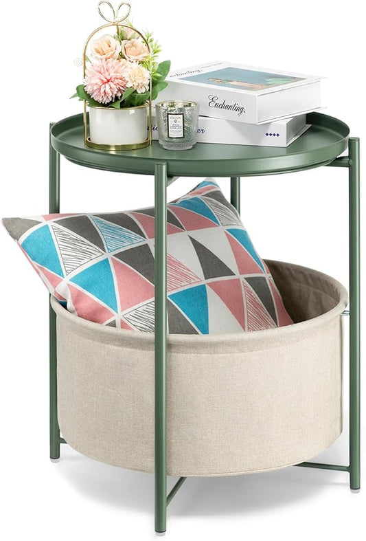danpinera Round Side Table with Fabric Storage Basket, Metal Side Table Small Bedside Nightstand with Removable Tray for Living Room, Bedroom, Nursery, Dark Green