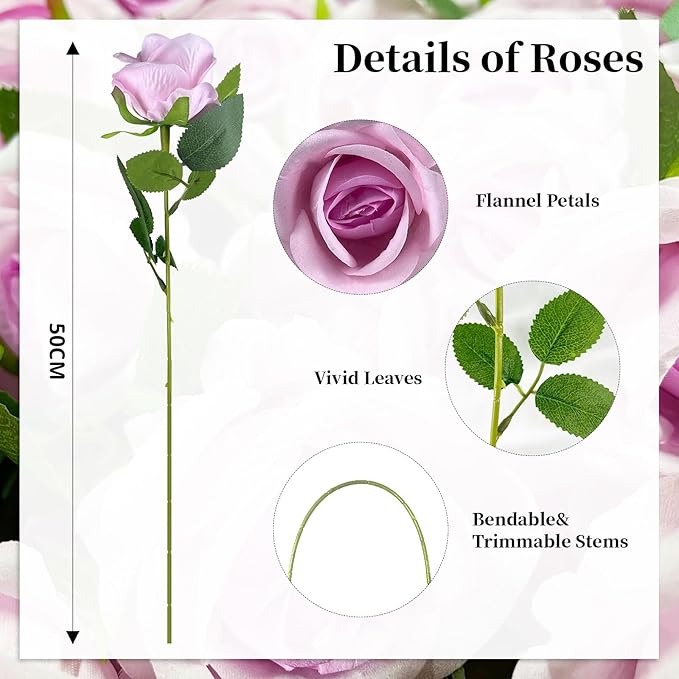 10 PCS Artificial Roses with Long Stems Silk Flowers Realistic Foam Flowers Fake Roses for Valentine's Day Home Wedding Halloween Decor(Light Pink)