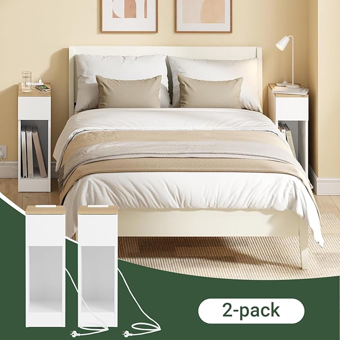 SoBuy Narrow Nightstand Set of 2 with Charging Station, Slim White Bedside Tables with USB & Type-C Ports, Drawer and Shelf, Modern Side Tables for Bedroom, Living Room or Dorm, FBT111-E-WNx2