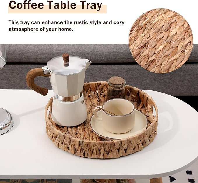 Round Serving Tray Hand-Woven Wicker Basket 11.8x1.9in Water Hyacinth Baskets with Handles,Coffee Table Tray for Fruit,Arts,Crafts