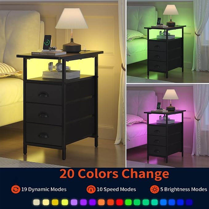 End Table with Charging Station,LED Side Tables with USB Ports and Outlets,Narrow Nightstands Bedside Tables with 3 Drawers PU Finish for Small Space,Slim Sofa Table for Livingroom,Black