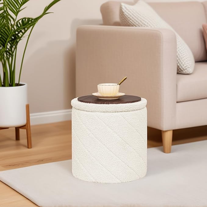 B FSOBEIIALEO Ottoman with Stroage, Boucle Round Storage Ottoman with Tray, Foot Rest Stool for Dorm Room, Living Room White, 12.99"x12.99"x13.78"