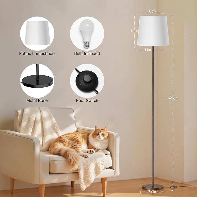 Floor Lamp with White Fabric Shade - Color Chaning Standing Lamp with Foot Switch, 3 Color Temps, 9W E26 LED Bulb Included, 62" Floor Reading Light for Living Room Bedroom Office Corner