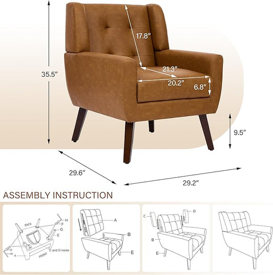 Pia Ricco 2 Pack Mid Century Modern Accent Chairs, Button Tufted Faux Leather Armchairs - Easy-Clean Matching Set for Living Room, Durable Sofa Chairs for Home Office & Lounge, Brown