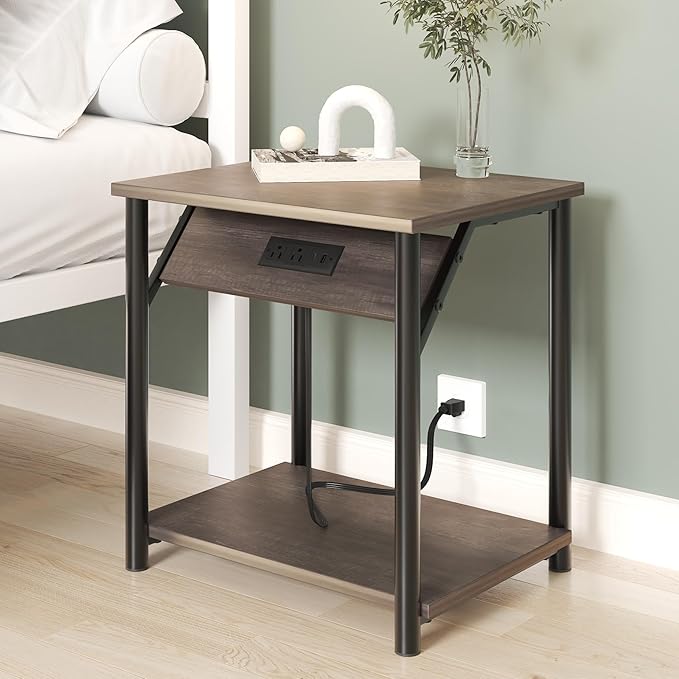 Night Stands Set of 2, Small End Tables with Charging Station, Small Side Tables for Living Room, Bedside Tables with 2-Tier Storage Shelf, Nightstand with Outlets and USB Ports, Rustic Grey/Black