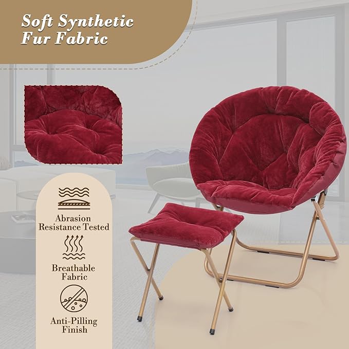 Athena Collection Saucer Chair with Ottoman - Modern Red Faux Fur Foldable Accent Chair - Comfortable for Bedroom, Living Room, Gaming, Reading - 300 lbs Weight Capacity