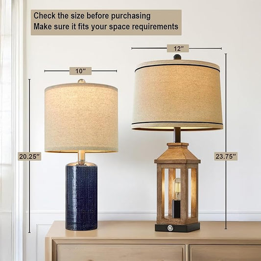 20.25/inch Modern Ceramic Table lamp Set of 2 Small Farmhouse Bedside lamp Dark Blue Nightstand Lamp End Table Lamps for Living Room Bedroom Study Office AMZ-T1109BL0