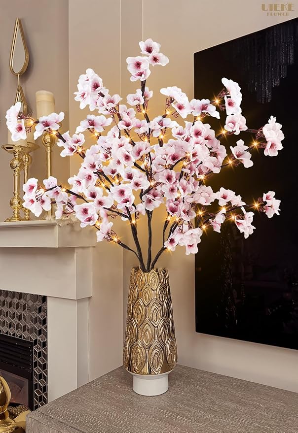 Uieke 3PCS Lighted Cherry Blossom Branches, 30in Artificial Cherry Blossom Flowers with 60 LED Lights Timer Battery Operated Lighted Twig Branches for Vases Wedding Party Home Indoor Decor