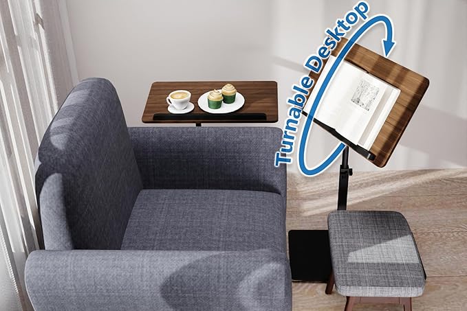 C Shaped End Table,20" W x 14" L,17"-31" Adjustable Height,Swivel and Turnable Desktop,Foldable Side Table for Small Spaces,Black Walnut (Black Walnut, 19.7" x 13.8")