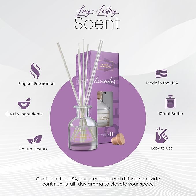 Brooklyn Fragrance Co. Aroma Diffuser - Long Lasting Premium Fragrance - Air freshener for Home Lavender scents - Fragrance Diffuser for a Large Room - 100ML