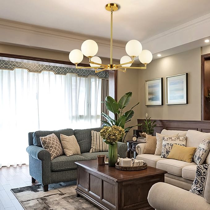 6-Lights Globe Mid Century Chandelier Modern Sputnik Pendant Light Fixture with G9 Bulb Brushed Brass Finished with White Globe Glass Lampshade Dining Kitchen Island Bedroom Lighting (Gold)