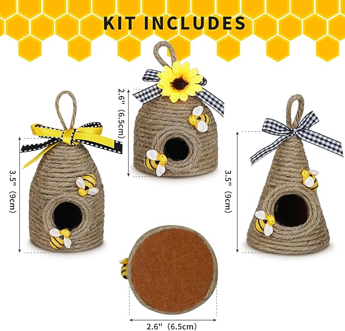 Rustic Bumble Bee Hive Decor - 3 Pack Natural Bee House, Spring/Summer Farmhouse Kitchen Table Tiered Tray Decor