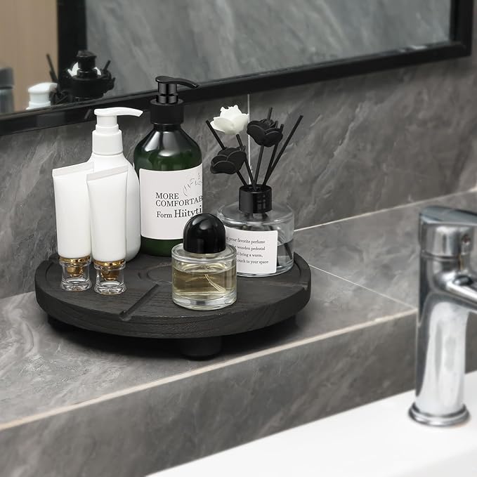 10'' Round Wooden Tray Pedestal Stand, Farmhouse Bathroom Decor Riser for Soap Dispenser, Perfume, Candle, 10'', Matte Black