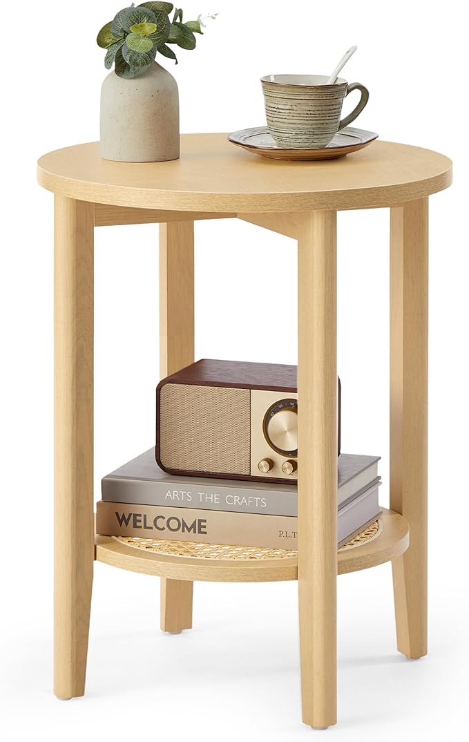 VASAGLE Round Side End Table, 2-Tier Boho Bedside Table with Rattan-Look Storage Shelf, Nightstand for Small Spaces, for Living Room, Bedroom, Home Office, Oak Beige ULET296Y01