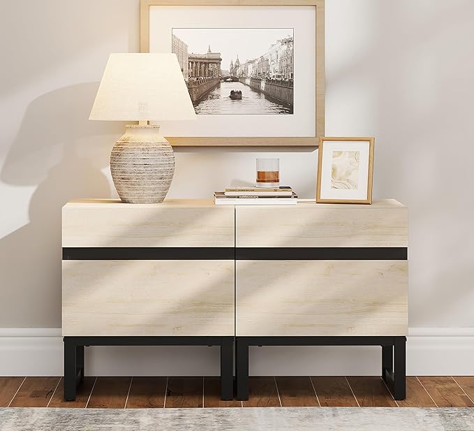 WAMPAT 2 Pack Modern End Table with 2 Drawers, Farmhouse Sofa Table with Black Square Iron Leg, Wood Rustic Side End Table for Living Room, Nighstand for Bedroom, Light Oak