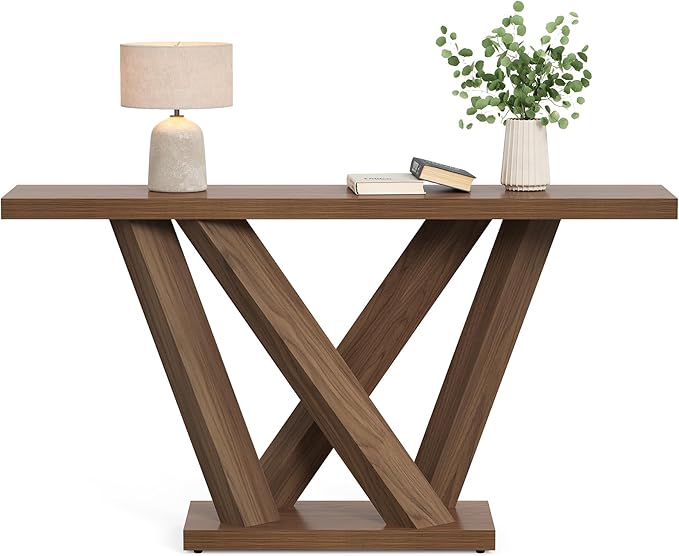 LITTLE TREE 63-Inch Console Table with Geometric Base, Modern Long Narrow Accent Sofa Table Behind The Couch, Wood Entryway Table for Hallway, Foyer, Living Room, Dark Brown