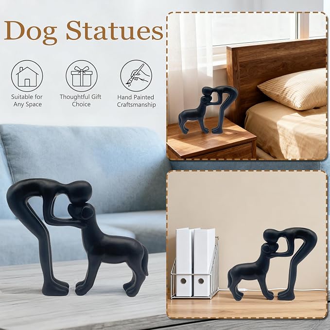 Mingzhang Human and Dog Statue Decoration Cute Black Dog Sculpture Home Decor for Office Living Room Bedroom, Memory Gifts for Pet Lovers Friends Family