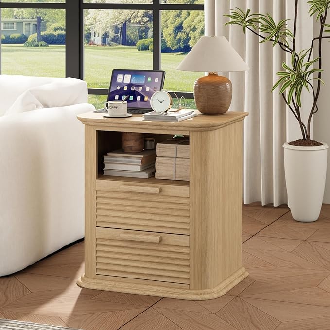 22'' Fluted Nightstand with Charging Station, Modern End Table with 2 Drawers and Open Storage, Wood Night Stand with Round Corner, Side Bedside Table for Bedroom, Living Room, Curved Profile,Natural