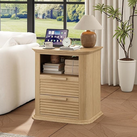 22'' Fluted Nightstand with Charging Station, Modern End Table with 2 Drawers and Open Storage, Wood Night Stand with Round Corner, Side Bedside Table for Bedroom, Living Room, Curved Profile,Natural