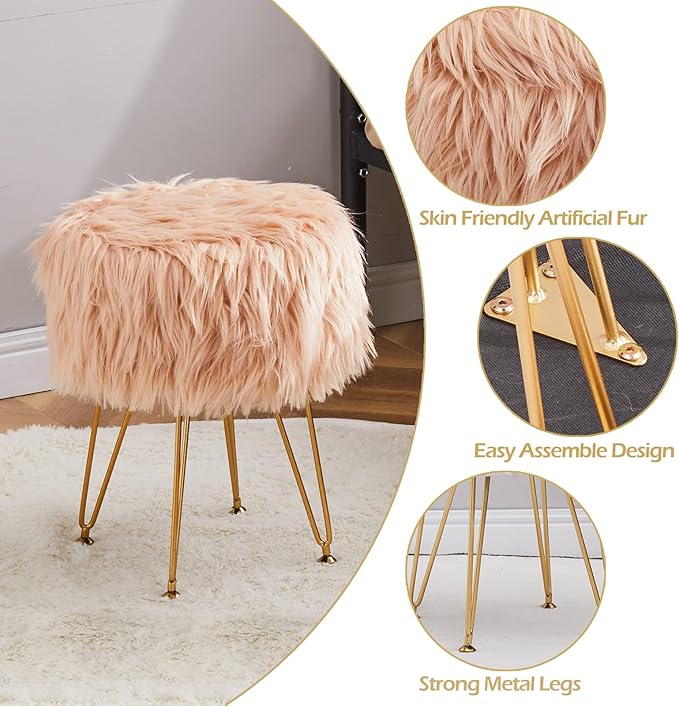Mxfurhawa Faux Fur Storage Ottoman Round Furry Vanity Stool Marble Grain Tray Coffee Table Compact Footrest Stool with 4 Metal Legs Soft Makeup Seat Foot Stools Living Room Bedroom Entryway Champagne