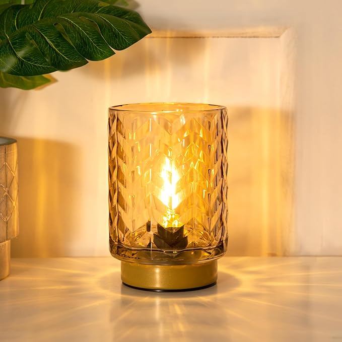 Aesthetic Battery Operated Lamp with Timer, Small Decorative Table Lamp, Glass Cordless Lamps Bedside Battery Powered Lamp for Living Room, Entryway Wave Design-Amber