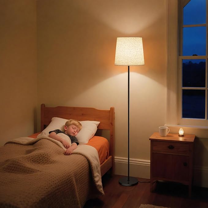 Floor Lamp with Linen Shade - 62" Tall LED Standing Lamp with Foot Switch, 3 Color Temps, 9W E26 Bulb Included, Black Floor Reading Light Corner Lamp for Living Room Bedroom Office Dorm