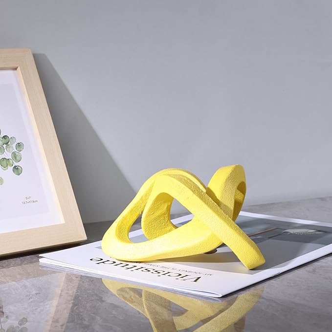 Infinity Knot Sculpture Yellow Knot Decor Object, Abstract Knick Knacks Coffee Table Modern Statue, Yellow Sculpture for Home Living Room Table Ornaments and TV Stand Bookshelf Decorative